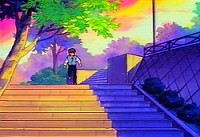 Kyosuke quitte l'aire de jeux par le petit escalier d'accès