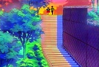 En continuant tout droit, il tente de rattraper Hikaru qui approche l'escalier